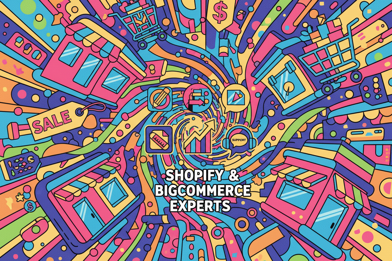 A fun, funky image or a gif that works best with a headline that reads "stores that sell". This has to go on the homepage and needs to grab the attention. The website is about design, sales, and support service for Shopify and BigCommerce 