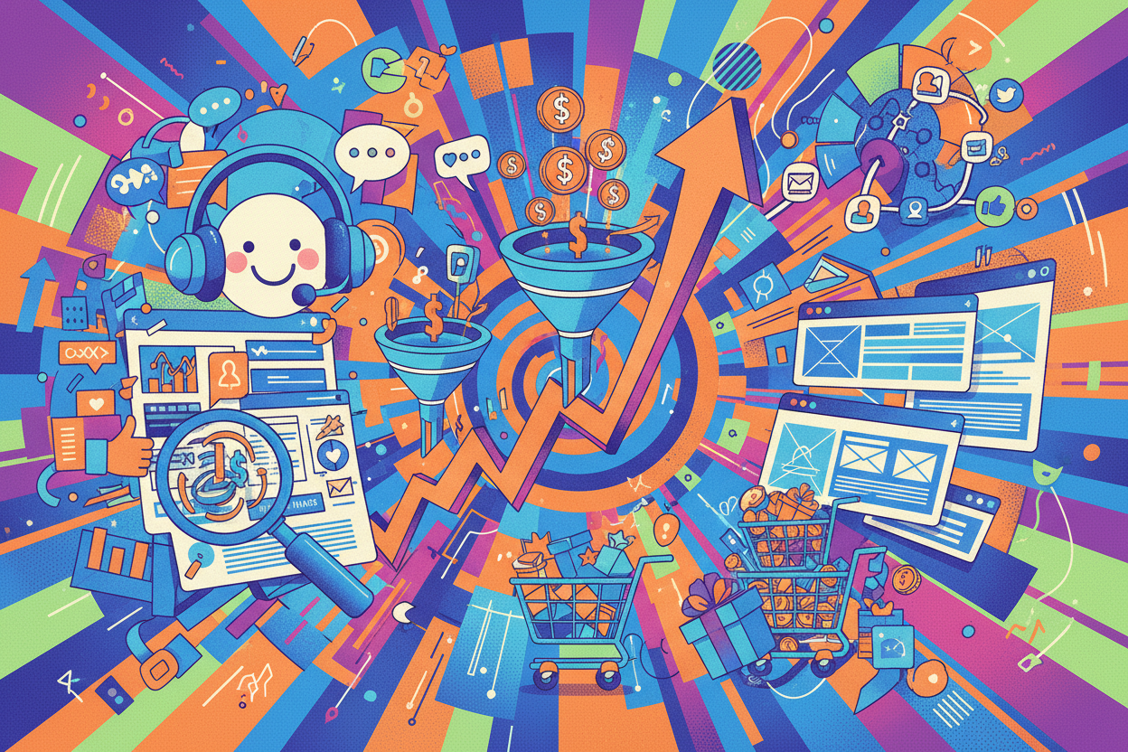 funky colorful image that highlights multiple things such as sales, conversions, support, seo, website design, etc